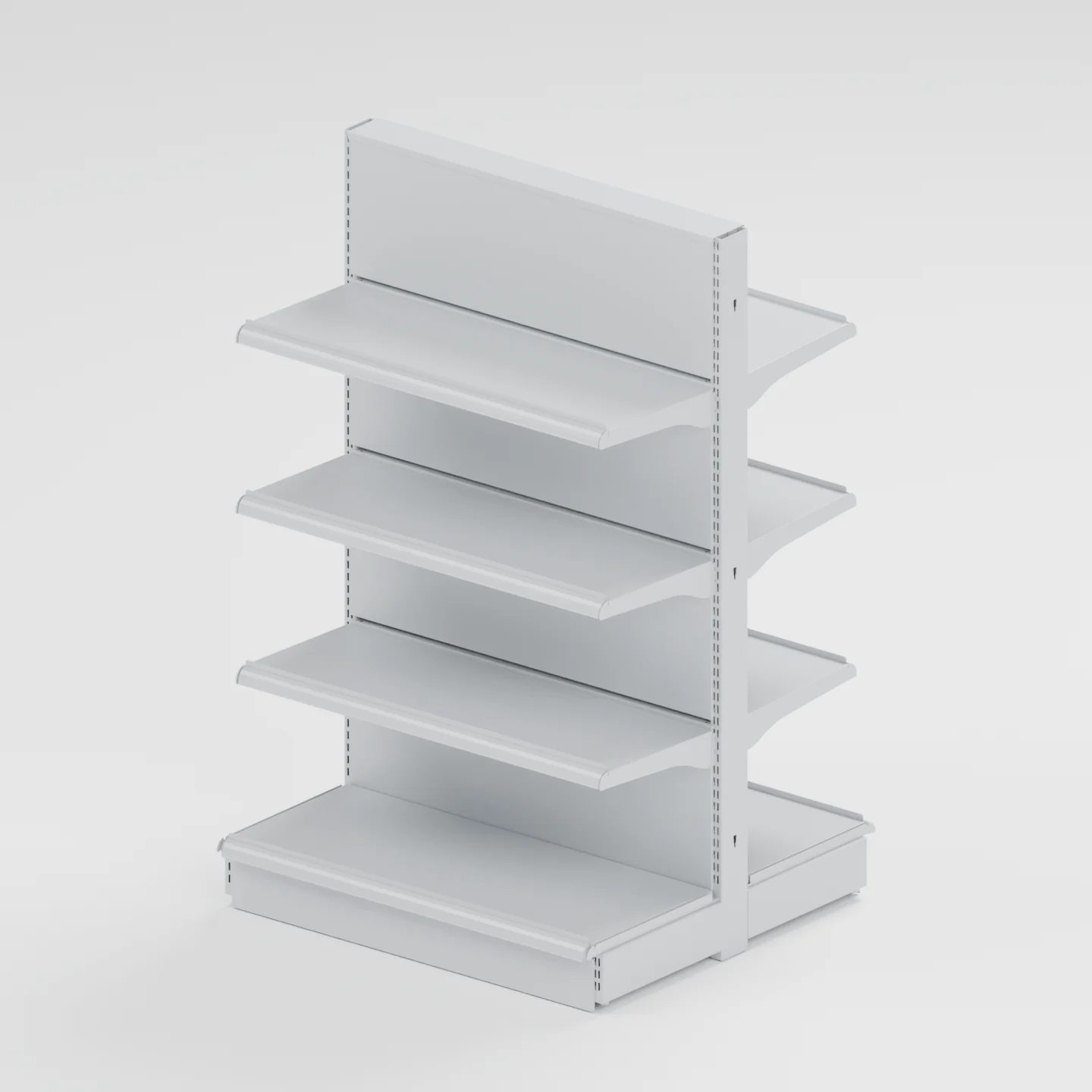 Three-quarter CAD render of the GR80C double-sided gondola with shelves and bases on both faces