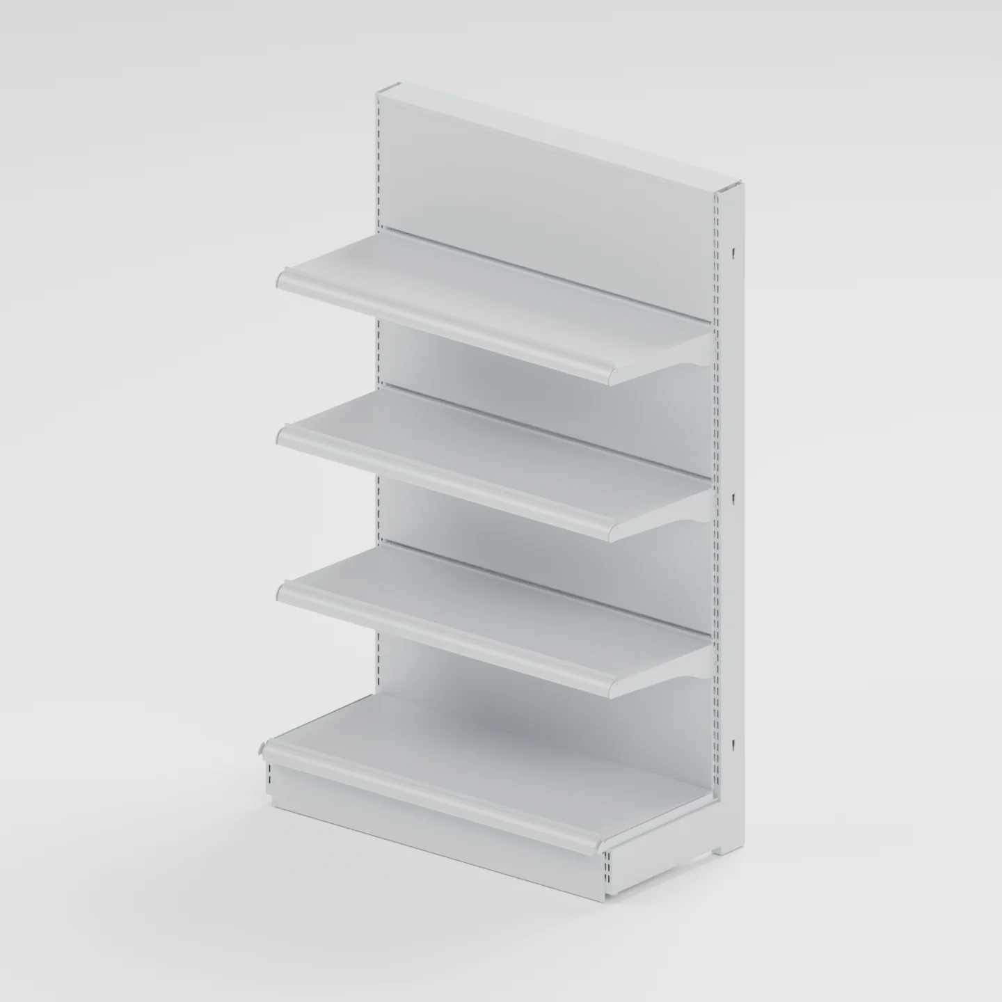 Three-quarter CAD render of GR80C single-sided wall shelving with three upper shelves and one base shelf